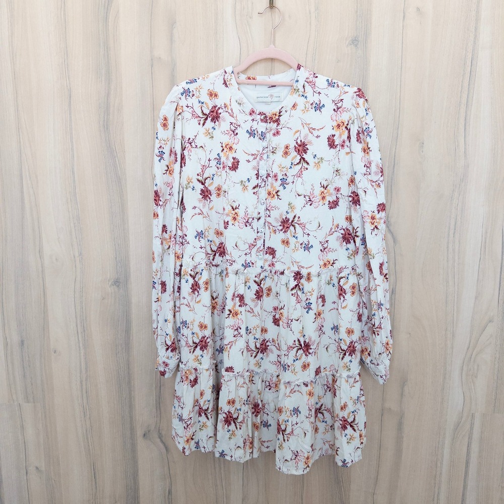 Penelope Rose Floral Dress 1X White Long Sleeve Tiered Babydoll Cottage Boho